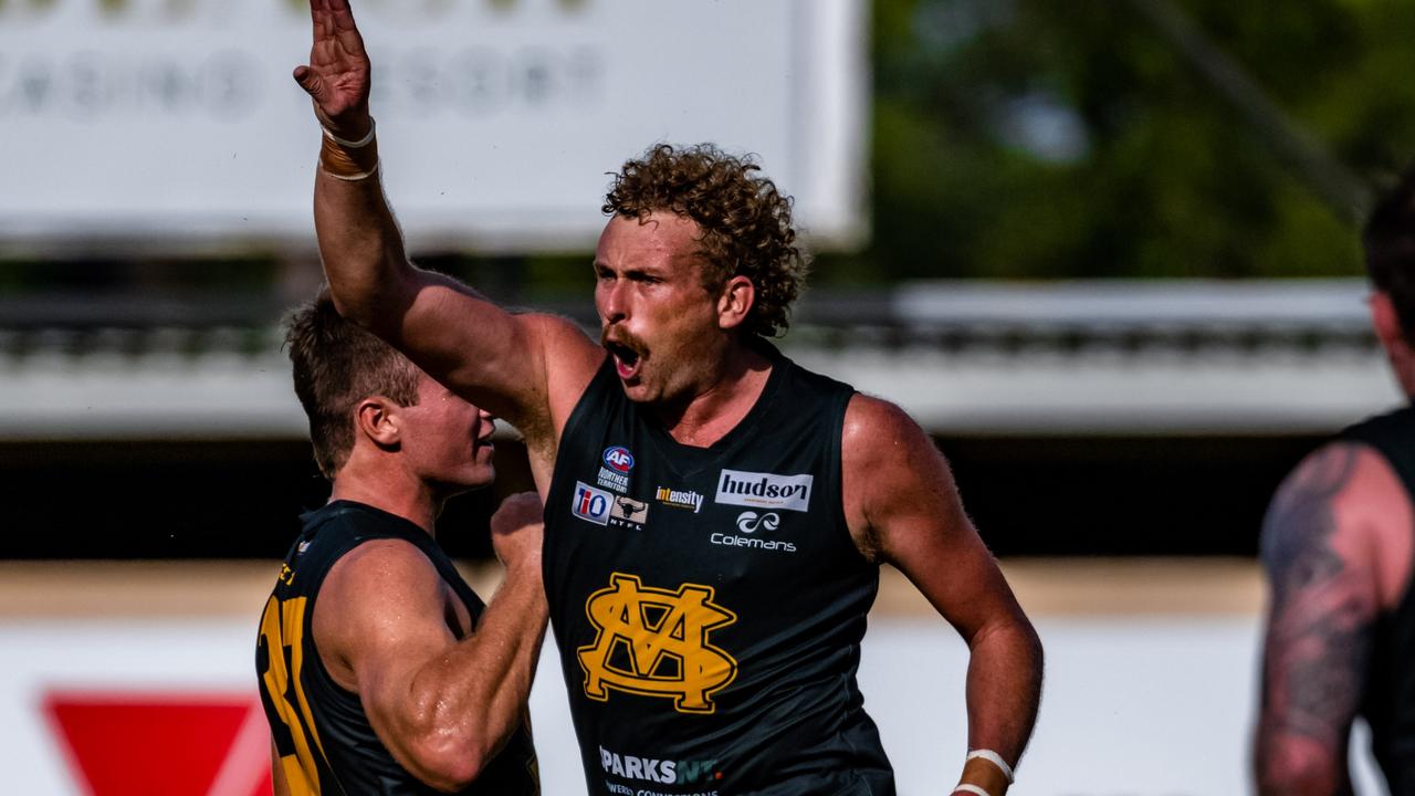 St Mary's forward Jackson Calder celebrates a goal in the 2022-23 NTFL semi finals. Picture: Patch Clapp / AFLNT Media