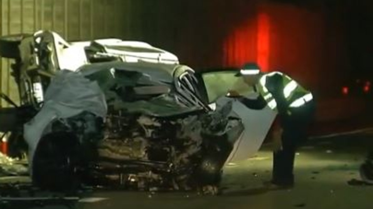 The scene of the crash on Gympie Arterial Road in which two people have died. Picture: 7 News Brisbane