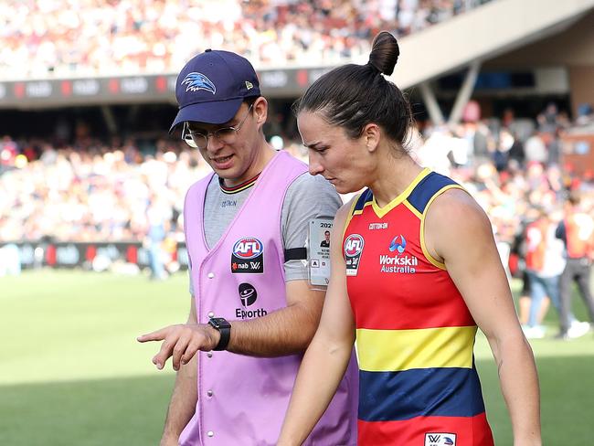 Acting Adelaide Crows captain and former Waratah star Ange Foley after getting injured against Brisbane during the 2021 AFLW Grand Final at Adelaide Oval. Picture: Sarah Reed/AFL Photos via Getty Images