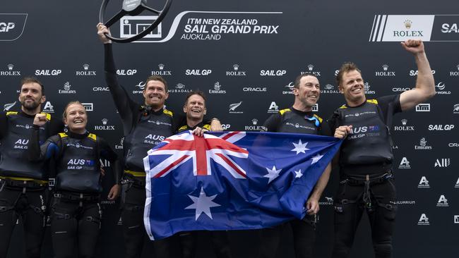 The Australia SailGP team celebrating in Auckland. Picture: Brett Phibbs for SailGP.