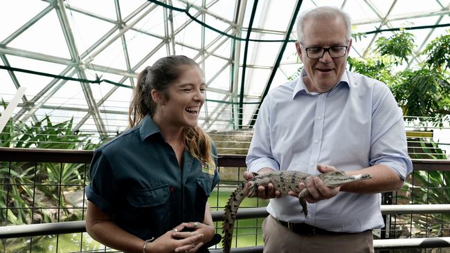 Prime Minister Scott Morrison and local Member Warren Entsch MP tour the wildlife at the Cairns Zoom and Wildlife Dome to announce $60 million Australian tourism package which will partly help far North Queensland recover from the Covid pandemic. Picture: Adam Taylor