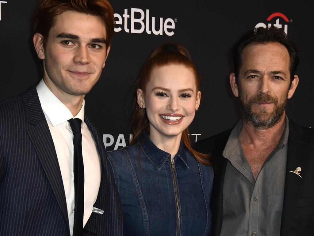 Riverdale stars KJ Apa, Madelaine Petsch and the late Luke Perry in Beverly Hills last year. Picture: Getty Images