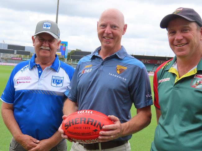 Deloraine Kangaroos president Don Tracey with Hawthorn's head of Tasmanian operations David Cox and Bridgenorth president Bobby Beams before a fundraising match last season. Picture: Jon Tuxworth