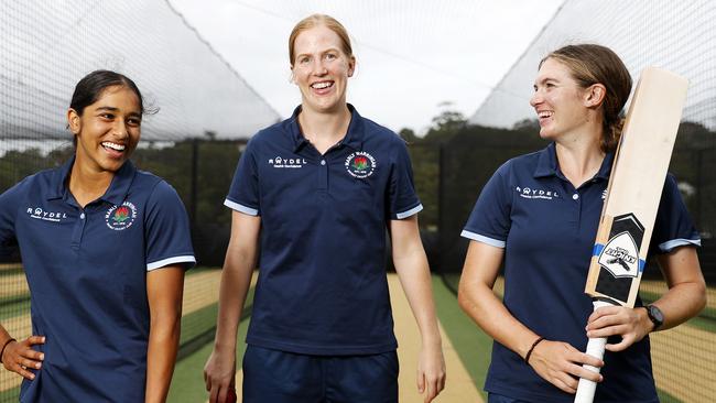 Shivani Mehta, Mikaela Turik and Saskia Horley, who played in the men's NSW Premier Cricket side with Manly. Pic: Tim Hunter.