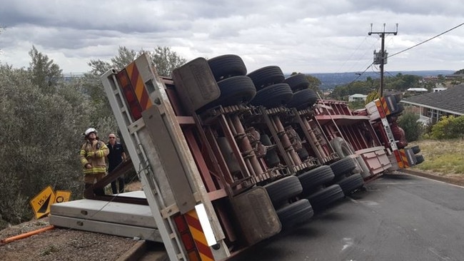 A truck has rolled on Kensington Road near Redounau Cres in Wattle Park. Picture SAPOL