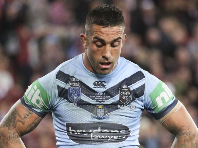 Paul Vaughan of the Blues reacts after Dane Gagai's try during Game 1 of the 2019 State of Origin series between the NSW Blues and the Queensland Maroons at Suncorp Stadium in Brisbane, Wednesday, June 5, 2019. (AAP Image/Glenn Hunt) NO ARCHIVING, EDITORIAL USE ONLY