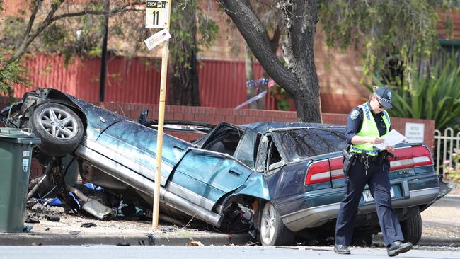 You need only glance at what remains of the 1993 Holden Statesman to work out that no one inside this vehicle was emerging alive from its twisted wreckage. Picture: Tait Schmaal