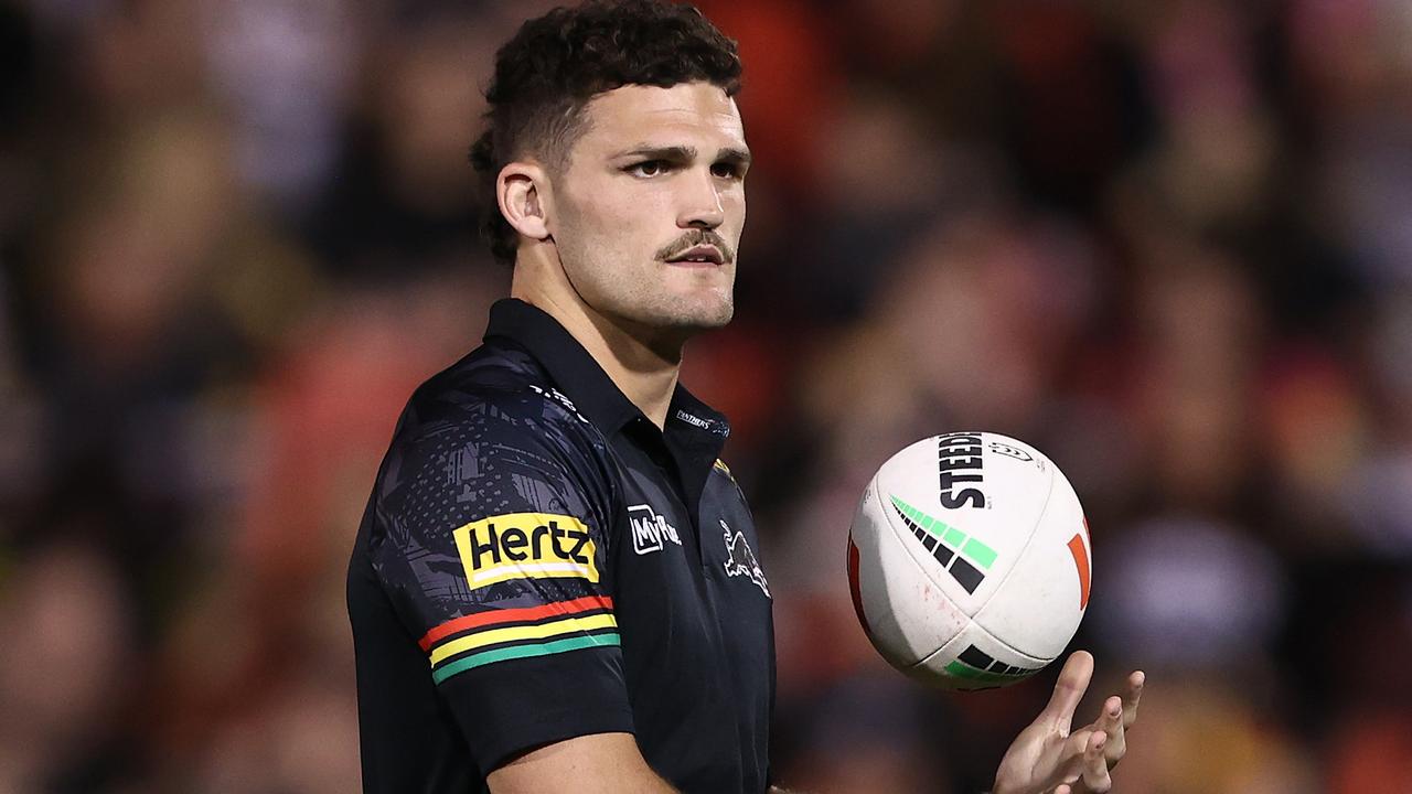 PENRITH, AUSTRALIA - SEPTEMBER 07: Injured player Nathan Cleary of the Panthers looks on ahead of the round 27 NRL match between Penrith Panthers and Gold Coast Titans at BlueBet Stadium on September 07, 2024, in Penrith, Australia. (Photo by Matt Blyth/Getty Images)