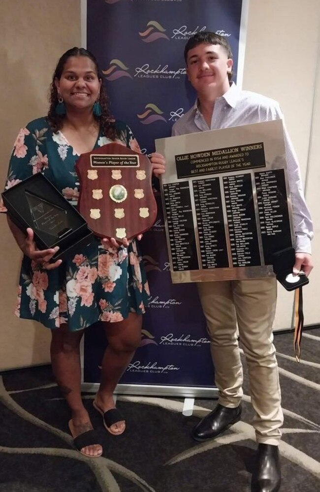 Emu Park duo Samartha Leisha, who was named Women's Player of the Year, and Harry Barham who won the Ollie Howden Medal, at the Rockhampton Rugby League 2022 awards night.