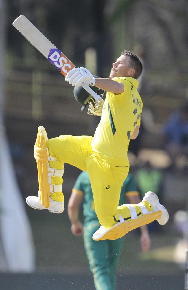 David Warner celebrates after scoring his century. Picture: Getty Images