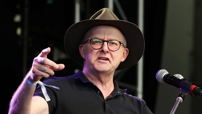 Anthony Albanese makes his speech at the Woodford Folk Festival on Wednesday. Picture: NCA Newswire / Claudia Baxter