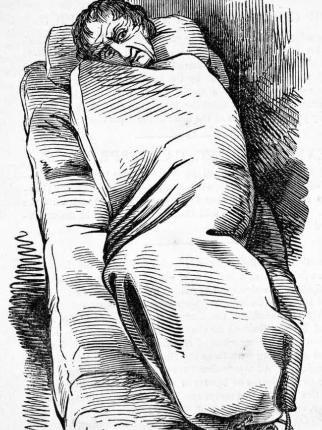 An illustration of ‘the bag’, a restraint used on patients for up to a week at a time at the Yarra Bend Asylum in the 1800s.