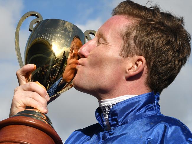 Cosgrave will be hoping to kiss the Melbourne Cup, just as he did the Caulfield Cup. Picture: Getty Images