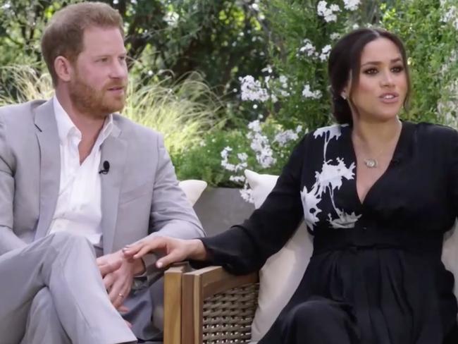 Harry and Meghan during their interview with Oprah Winfrey. Picture: CBS