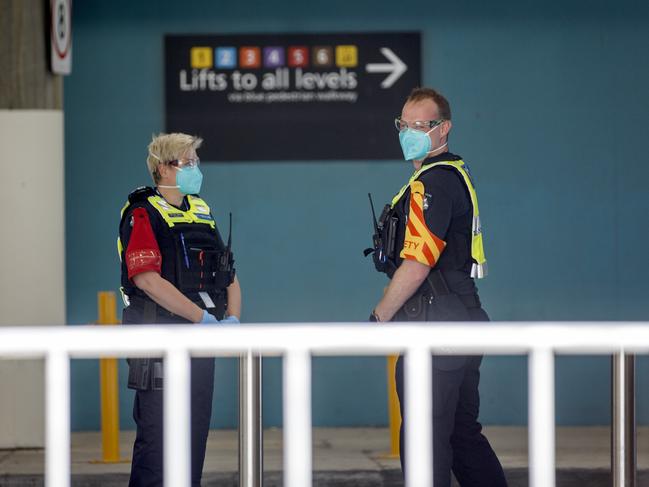 03/02/2021:  Police outside the Park Royal Hotel at Melbourne Airport where CQV is investigating a potential transmission of coronavirus between hotel quarantine residents at the Park Royal Hotel after two separate resident groups on the same floor returned genome testing results for the same UK variant.Picture: David Geraghty