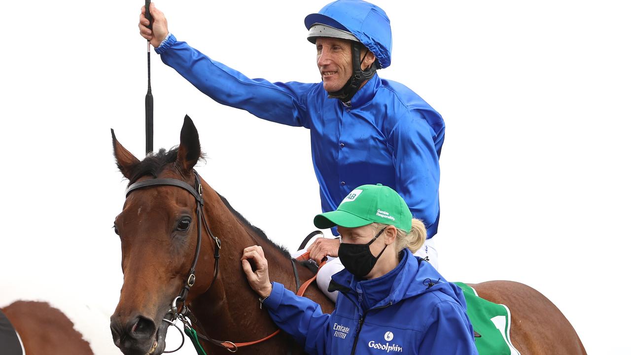 Oliver after Colette after claiming the feature race for the mares. Picture: Getty Images