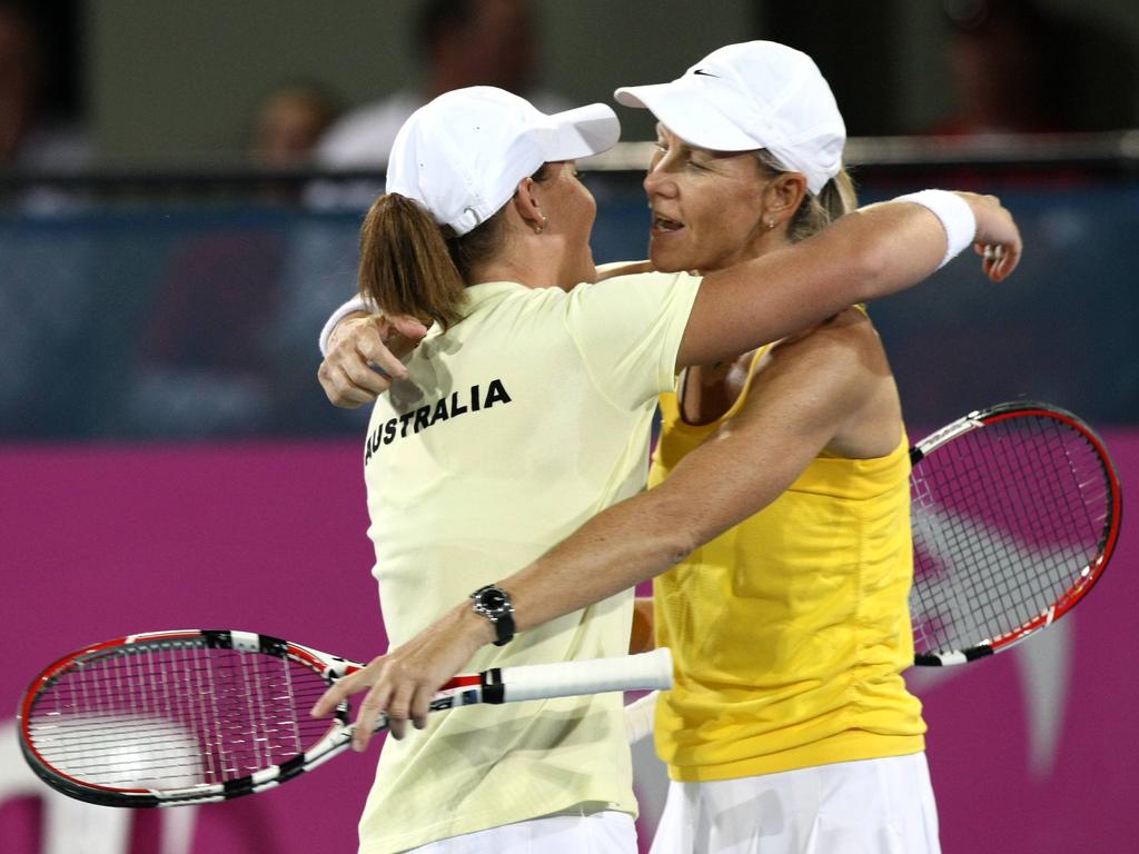 Rennae Stubbs and Sam Stosur of Australia played doubles for Australia in the 2010 Federation Cup. Picture: Simon Cross