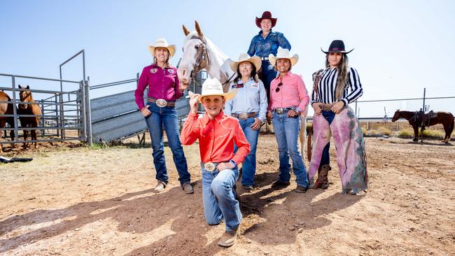 Leanne Caban, Dusty Young, 10, Shona Tribe, Sam Ferrari, Julie Campbell and Emily Hawkins are the queens of the rodeo arena. Picture by Luke Marsden.