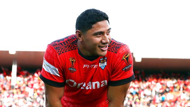 HAMILTON, NEW ZEALAND — NOVEMBER 11: Jason Taumalolo of Tonga during the 2017 Rugby League World Cup match between the New Zealand Kiwis and Tonga at Waikato Stadium on November 11, 2017 in Hamilton, New Zealand. (Photo by Renee McKay/Getty Images)