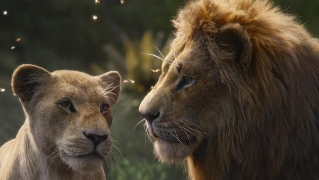 Nala, voiced by Beyonce Knowles-Carter, left, and Simba, voiced by Donald Glover in a scene from The Lion King.