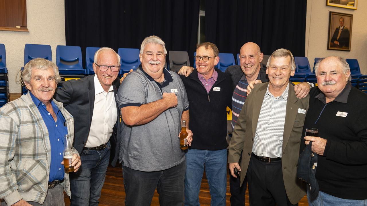 Class of '68-72 (from left) Ian McGill, Alec Poulsen, Richard Duke, Richard Cameron, John Murray, Allister George and John Lathouras at the Toowoomba Grammar School Old Boys' Association Weekend 2022 welcoming function on the eve of the O'Callaghan Cup, Friday, August 5, 2022. Picture: Kevin Farmer