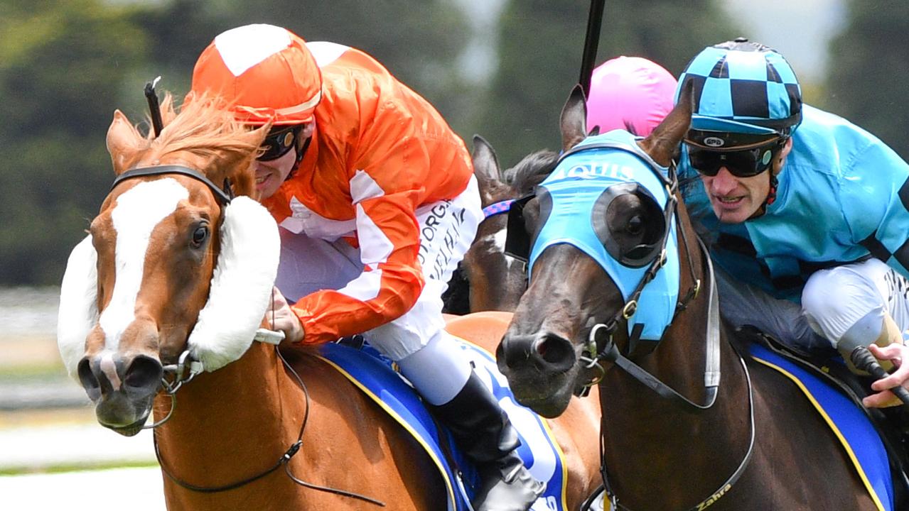 Euphoric Summer, left, edged out Rathlin in a tight finish in the 2YO Clockwise Classic at Ballarat. Picture: AAP