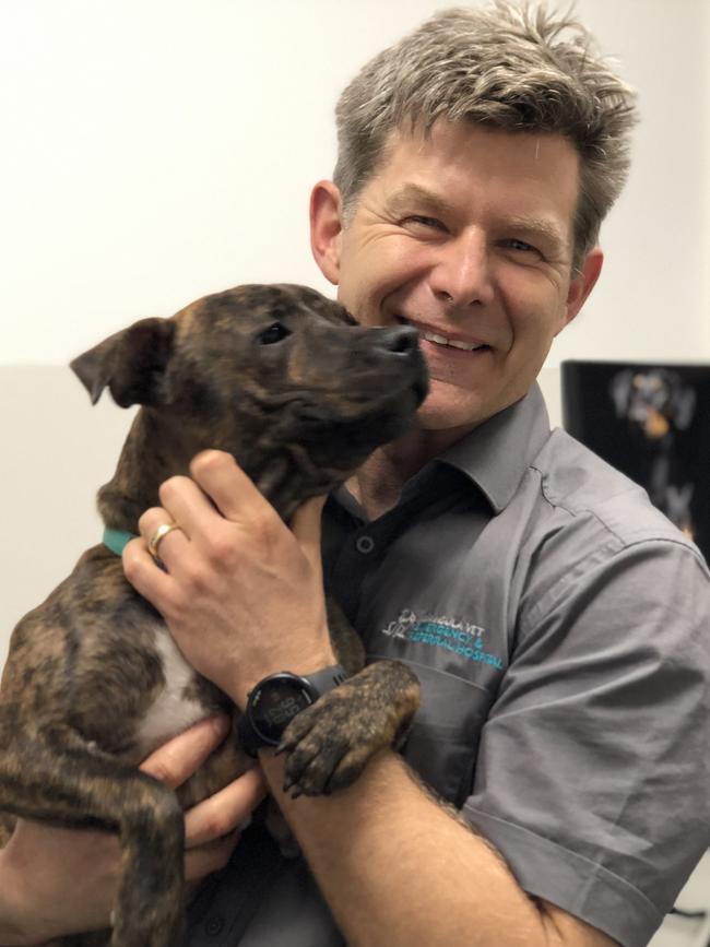 Specialist vet Dr Arthur House with cleft puppy Giles.