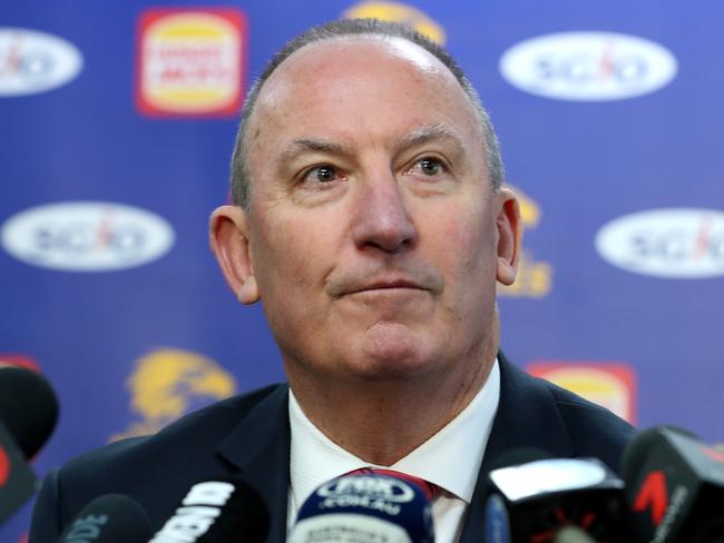 West Coast Eagles CEO Trevor Nisbett speaks to the media during a press conference at Subiaco Oval in Perth, Monday, August 6, 2018. West Coast chief executive Trevor Nisbett is hopeful Andrew Gaff's punch on Fremantle's Andrew Brayshaw will be dealt with only by the AFL tribunal, rather than by the police. Gaff could be suspended for five weeks or more for his unprovoked punch on Brayshaw. (AAP Image/Richard Wainwright) NO ARCHIVING