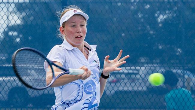 Action from the qualifying round of the 2025 Tennis NT Darwin Junior International. Picture: Pema Tamang Pakhrin