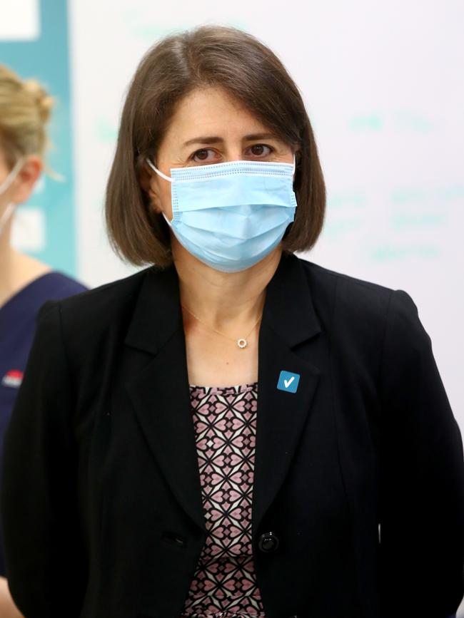 NSW Premier Gladys Berejiklian at the Royal Prince Alfred Hospital Vaccination Hub in Camperdown. Picture: Toby Zerna