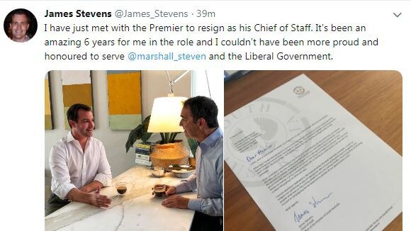 James Stevens , Chief of Staff to SA Premier Steven Marshall, has resigned today . Picture: James Stevens / Twitter