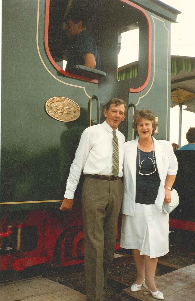 Ray and Dell Townson with a steam train at the opening of the Bundaberg Railway Museum on November 20, 1988.