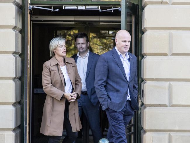 Shane Broad, right, Dean Winter and Jen Butler leave Parliament House after the PLP meeting. Picture: Eddie Safarik