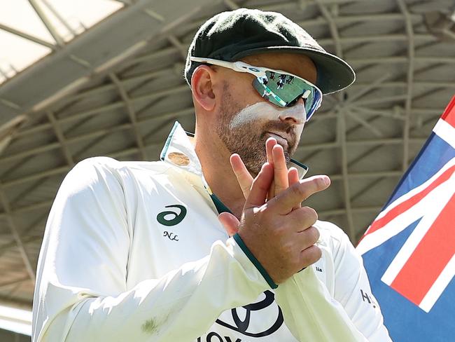 ADELAIDE, AUSTRALIA - DECEMBER 08: Nathan Lyon of Australia looks on before taking to the field during day three of the Men's Test Match series between Australia and India at Adelaide Oval on December 08, 2024 in Adelaide, Australia. (Photo by Paul Kane/Getty Images)