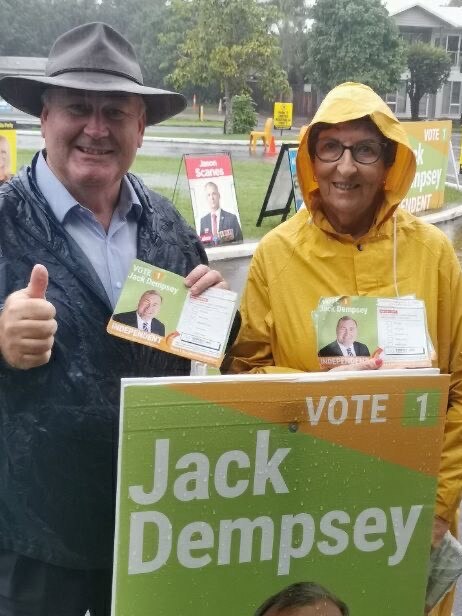 Bundaberg Mayor Jack Dempsey with one of his volunteers on polling day.