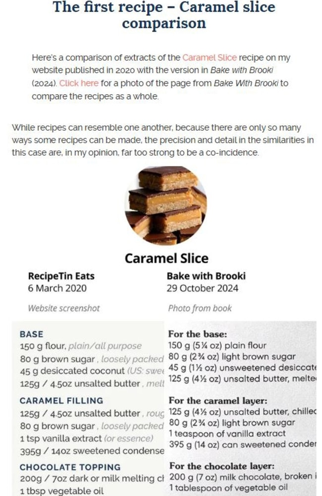 An Instagram post by Nagi Maehashi accusing Brooke Bellamy of copying her caramel slice recipe.