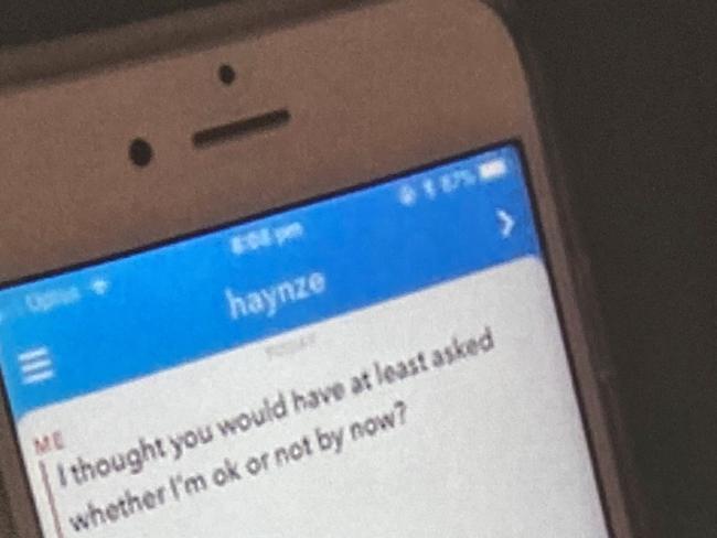 A Snapchat the woman wrote to Hayne. Pictures: Supplied.