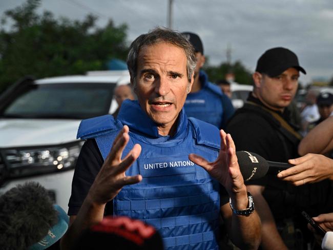 International Atomic Energy Agency (IAEA) chief Rafael Grossi talks to the press on a road outside the Russian-held Zaporizhzhia nuclear power plant in southern Ukraine. Picture: AFP