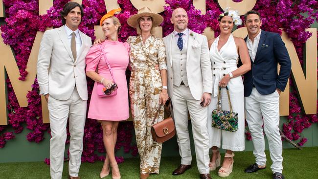 Nacho Figueras, Zara Tindall, Delfina Blaquier, Mike Tindall, Nicole Slater and Billy Slater attend the Magic Millions Raceday in 2020. Picture: Marc Grimwade/Getty Images