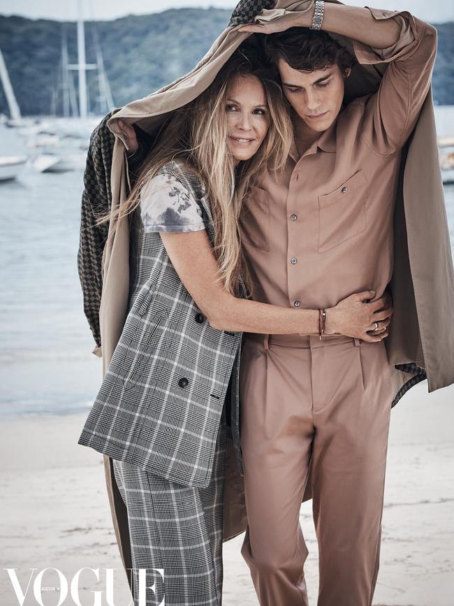 Macpherson with eldest son Flynn. Picture: Nicole Bentley for Vogue Australia