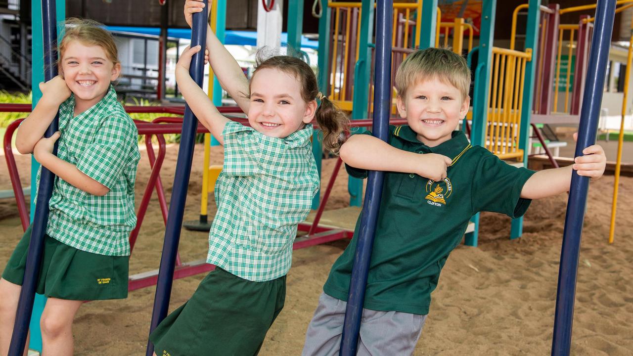 My First Year 2023: Prep students at St Francis De Sales School, Clifton (from left) Zarah Daley, Nell Skillington and Tommy Hughes, February 20, 2023. Picture: Bev Lacey