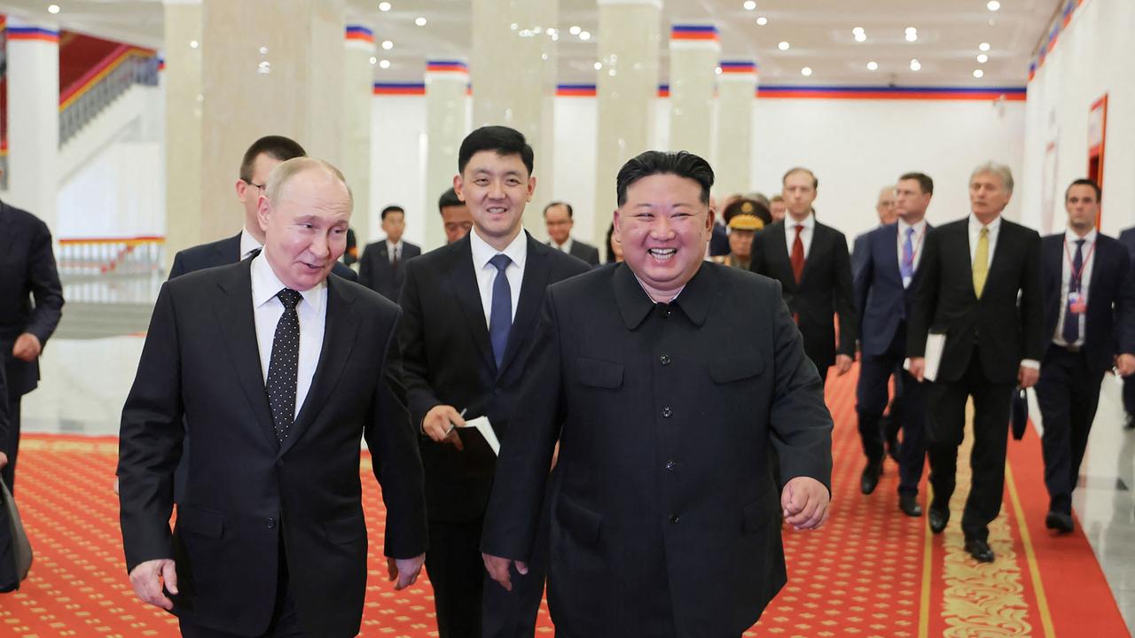 Kim Jong-un and Russia's President Vladimir Putin in Pyongyang on June 19. Picture: KCNA VIA KNS / AFP