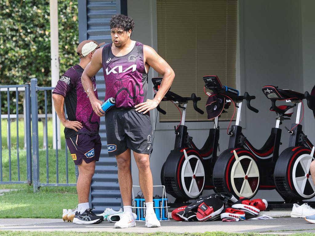 Selwyn Cobbo sweats it out during pre season training with the Broncos at Red Hill. Picture: Adam Head