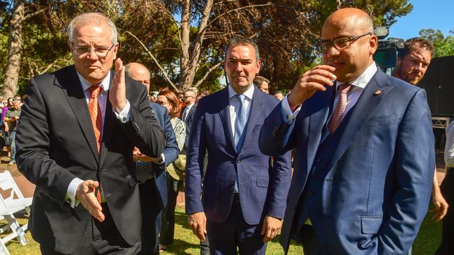 The-then Prime Minister Scott Morrison with the-then Premier Steven Marshall and Sanjeev Gupta in Whyalla in 2018. Picture: Tom Huntley.