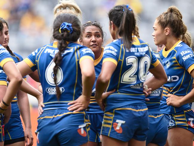 SYDNEY, AUSTRALIA - AUGUST 06: Mahalia Murphy of the Eels speaks to team mates after a Newcastle tryduring the round three NRLW match between Parramatta Eels and Newcastle Knights at CommBank Stadium, on August 06, 2023, in Sydney, Australia. (Photo by Brett Hemmings/Getty Images)