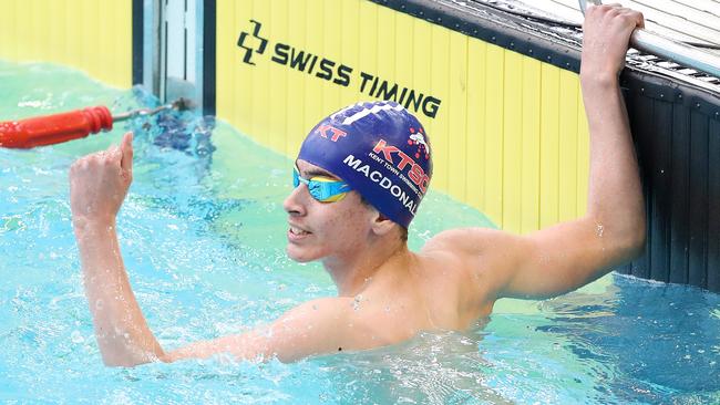 Kent Town swimmer Alexander Macdonald pumps his fist after his 50m freestyle swim. Picture: Sarah Reed