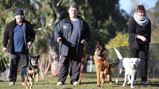 Phil Robshaw with his dog Harry, Brian Currie with his German Shepherd Koda and Kathleen Clieves with her dog Ziggy at the Trott Park dog park. Picture: AAP/Dean Martin