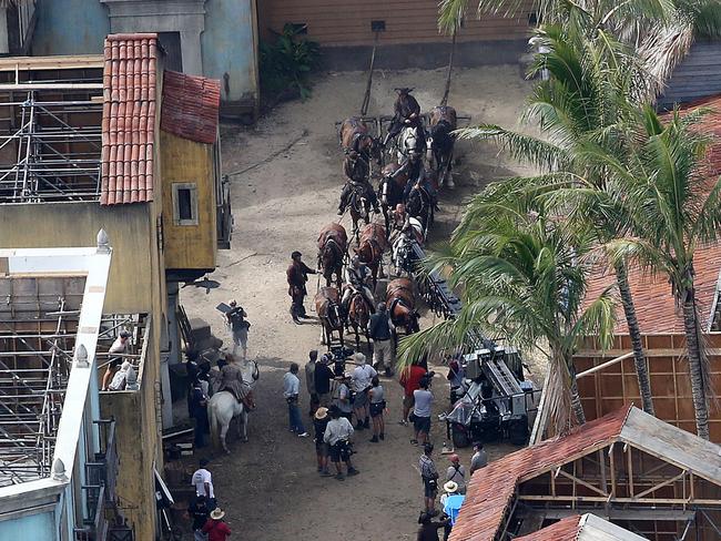 Horses are assembled in formation behind the scenes. Picture: Glenn Hampson.