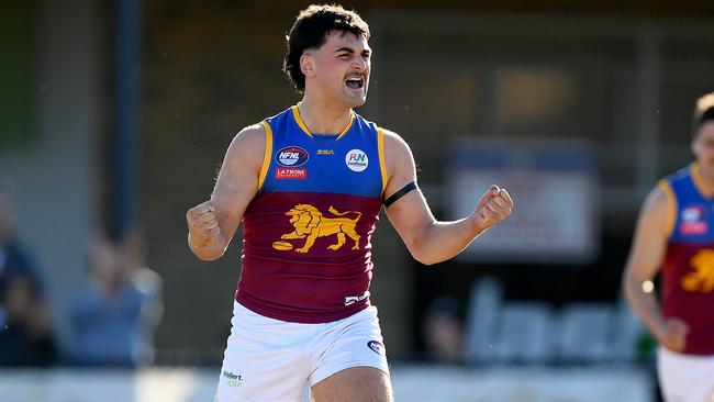 Josh D’Intinosante celebrates a goal for South Morang. Picture: Josh Chadwick