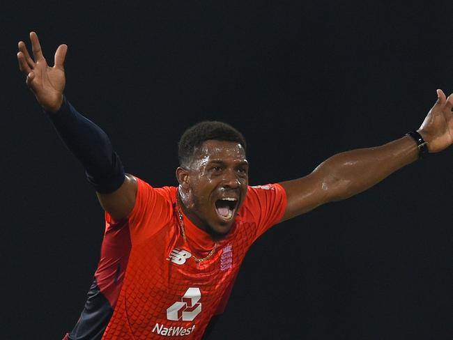 England's bowler Chris Jordan celebrates during the International Twenty20 cricket match between Sri Lanka and England at the R Peremadasa Stadium in Colombo on October 27, 2018. (Photo by ISHARA S. KODIKARA / AFP)